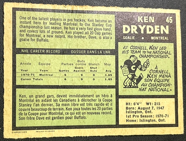 1971-72 O-Pee-Chee Ken Dryden RC #45