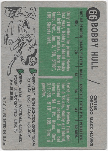Bobby Hull 1958-59 Topps Rookie Back